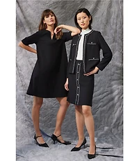 Ming Wang Stretch Crepe Split V-Neck Short Sleeve A-Line Dress