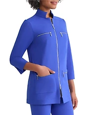 Ming Wang Stretch Crepe Stand Collar Bracelet Sleeve Zip Front Utility Jacket