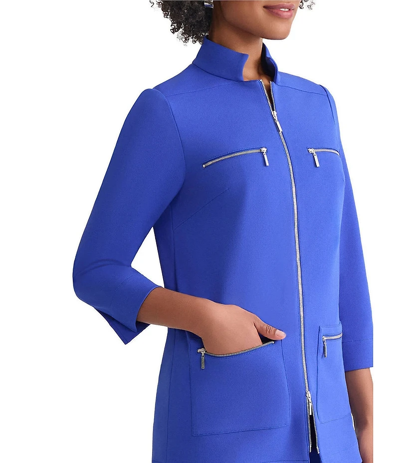 Ming Wang Stretch Crepe Stand Collar Bracelet Sleeve Zip Front Utility Jacket