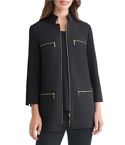 Ming Wang Stretch Crepe Stand Collar Bracelet Sleeve Zip Front Utility Jacket