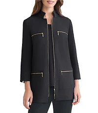 Ming Wang Stretch Crepe Stand Collar Bracelet Sleeve Zip Front Utility Jacket