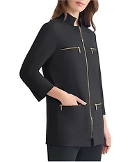 Ming Wang Stretch Crepe Stand Collar Bracelet Sleeve Zip Front Utility Jacket