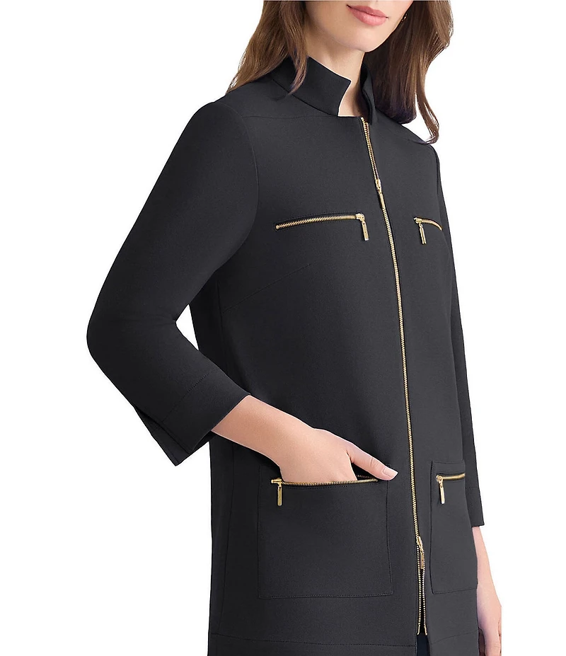 Ming Wang Stretch Crepe Stand Collar Bracelet Sleeve Zip Front Utility Jacket