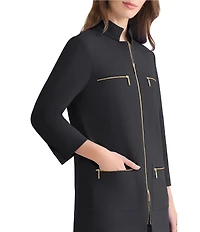 Ming Wang Stretch Crepe Stand Collar Bracelet Sleeve Zip Front Utility Jacket