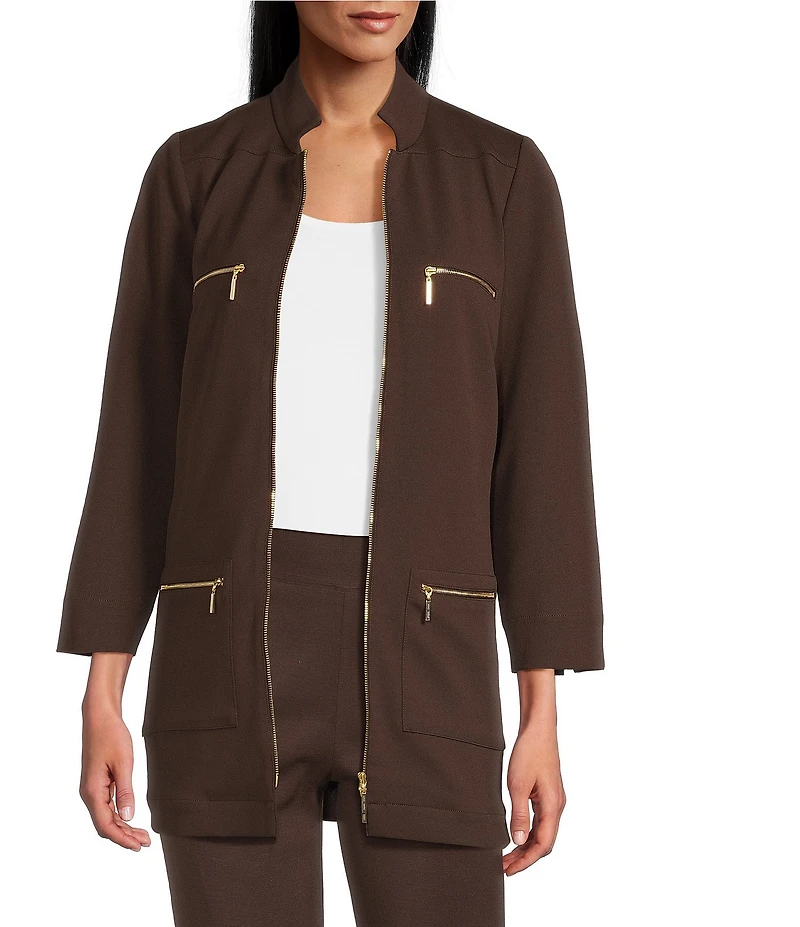 Ming Wang Stretch Crepe Stand Collar Bracelet Sleeve Zip Front Utility Jacket
