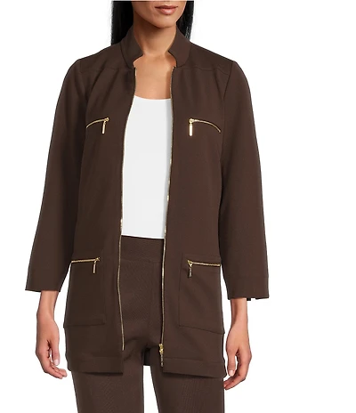 Ming Wang Stretch Crepe Stand Collar Bracelet Sleeve Zip Front Utility Jacket