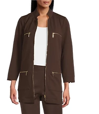 Ming Wang Stretch Crepe Stand Collar Bracelet Sleeve Zip Front Utility Jacket