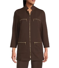 Ming Wang Stretch Crepe Stand Collar Bracelet Sleeve Zip Front Utility Jacket