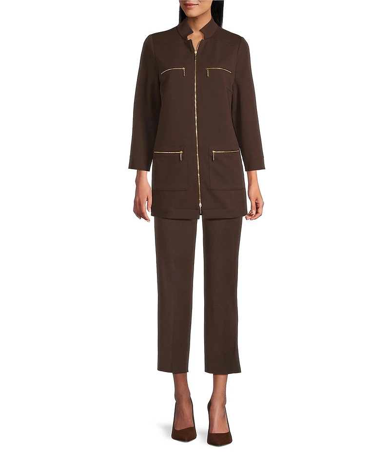 Ming Wang Stretch Crepe Stand Collar Bracelet Sleeve Zip Front Utility Jacket