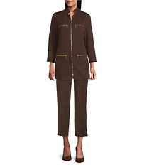 Ming Wang Stretch Crepe Stand Collar Bracelet Sleeve Zip Front Utility Jacket