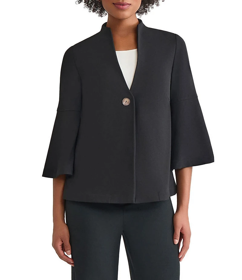 Ming Wang Stretch Crepe Stand Collar V-Neck 3/4 Bell Sleeve Single Button Jacket