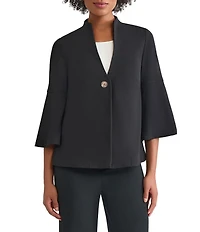 Ming Wang Stretch Crepe Stand Collar V-Neck 3/4 Bell Sleeve Single Button Jacket