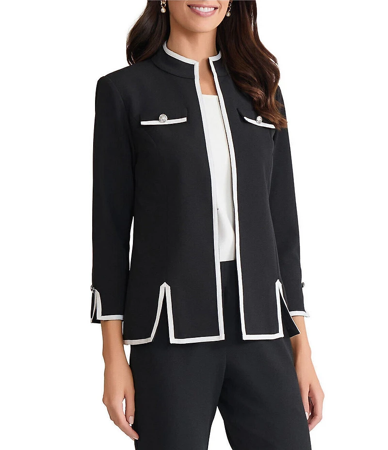 Ming Wang Stretch Deco Crepe Contrast Trim Stand Collar Bracelet Sleeve Jacket