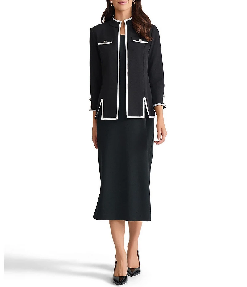 Ming Wang Stretch Deco Crepe Contrast Trim Stand Collar Bracelet Sleeve Jacket