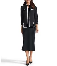 Ming Wang Stretch Deco Crepe Contrast Trim Stand Collar Bracelet Sleeve Jacket