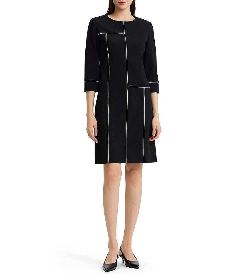 Ming Wang Stretch Deco Crepe Monochrome Grid Stitch 3/4 Sleeve A-Line Dress