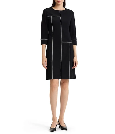 Ming Wang Stretch Deco Crepe Monochrome Grid Stitch 3/4 Sleeve A-Line Dress