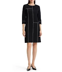 Ming Wang Stretch Deco Crepe Monochrome Grid Stitch 3/4 Sleeve A-Line Dress