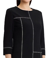 Ming Wang Stretch Deco Crepe Monochrome Grid Stitch 3/4 Sleeve A-Line Dress