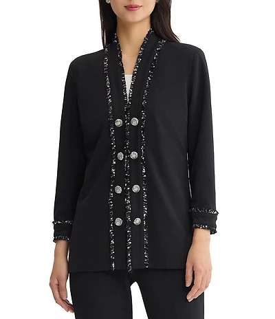Ming Wang Stretch Deco Crepe Open V-Neck Bracelet Sleeve Contrast Trim Jacket
