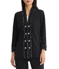 Ming Wang Stretch Deco Crepe Open V-Neck Bracelet Sleeve Contrast Trim Jacket