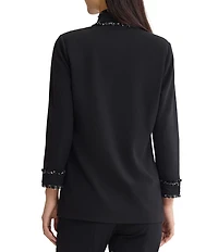 Ming Wang Stretch Deco Crepe Open V-Neck Bracelet Sleeve Contrast Trim Jacket