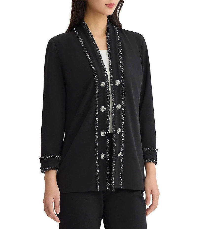 Ming Wang Stretch Deco Crepe Open V-Neck Bracelet Sleeve Contrast Trim Jacket