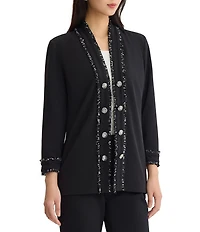 Ming Wang Stretch Deco Crepe Open V-Neck Bracelet Sleeve Contrast Trim Jacket