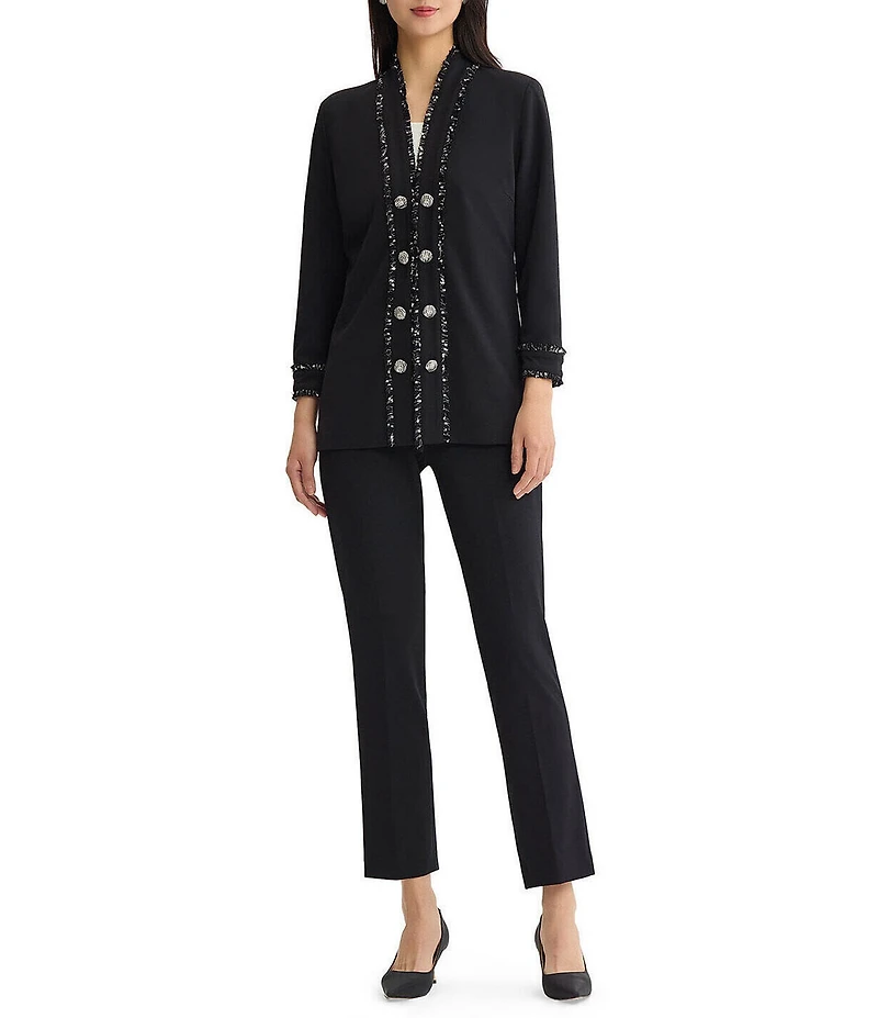 Ming Wang Stretch Deco Crepe Open V-Neck Bracelet Sleeve Contrast Trim Jacket