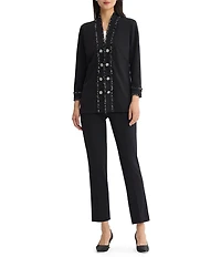 Ming Wang Stretch Deco Crepe Open V-Neck Bracelet Sleeve Contrast Trim Jacket