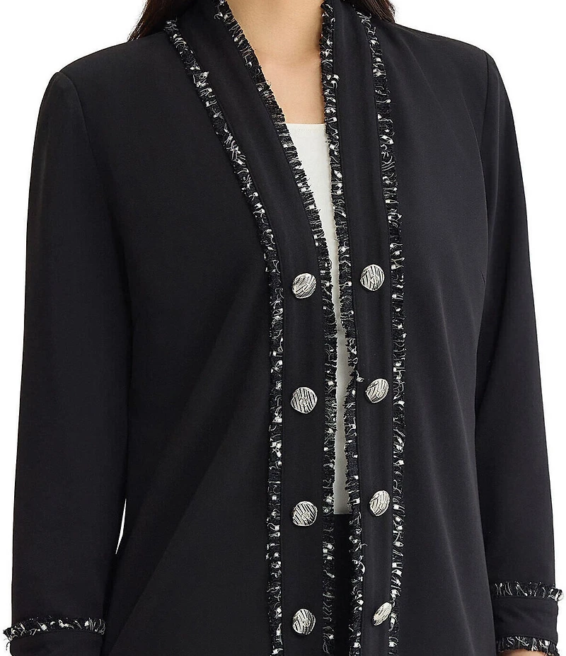 Ming Wang Stretch Deco Crepe Open V-Neck Bracelet Sleeve Contrast Trim Jacket
