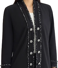 Ming Wang Stretch Deco Crepe Open V-Neck Bracelet Sleeve Contrast Trim Jacket