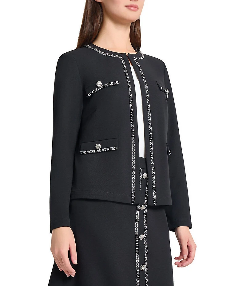 Ming Wang Stretch Deco Crepe Round Neck Long Sleeve Chain Trim Jacket