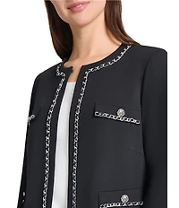Ming Wang Stretch Deco Crepe Round Neck Long Sleeve Chain Trim Jacket