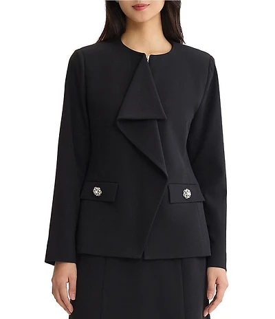 Ming Wang Stretch Deco Crepe Ruffled Draped Long Sleeve Jacket