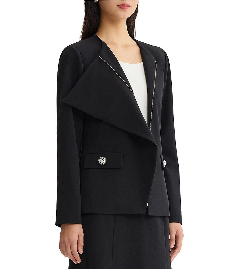 Ming Wang Stretch Deco Crepe Ruffled Draped Long Sleeve Jacket