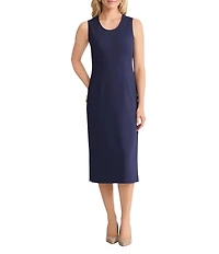 Ming Wang Stretch Deco Crepe Scoop Neck Sleeveless Midi Dress