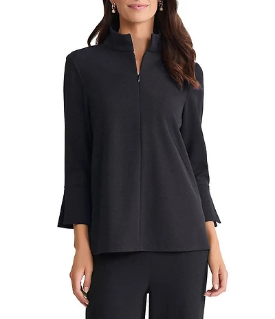 Ming Wang Stretch Deco Crepe Stand Collar Bracelet Sleeve Zip Front Blouse