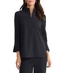 Ming Wang Stretch Deco Crepe Stand Collar Bracelet Sleeve Zip Front Blouse