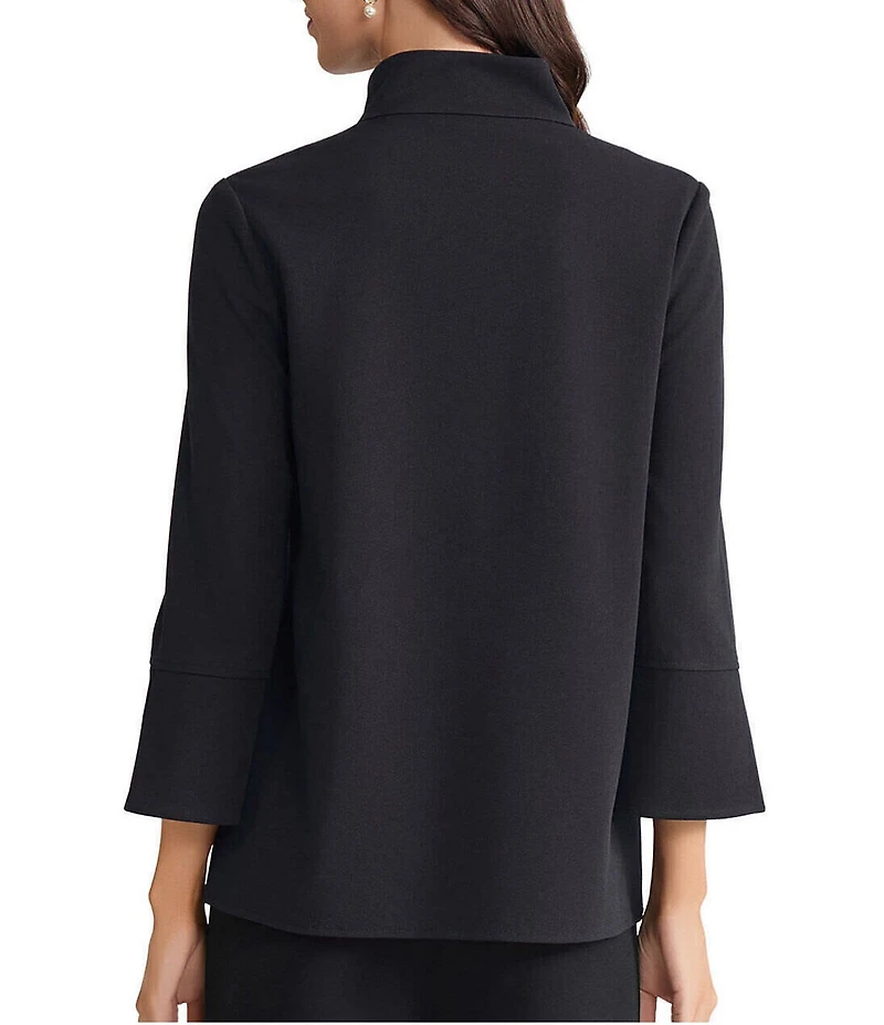 Ming Wang Stretch Deco Crepe Stand Collar Bracelet Sleeve Zip Front Blouse