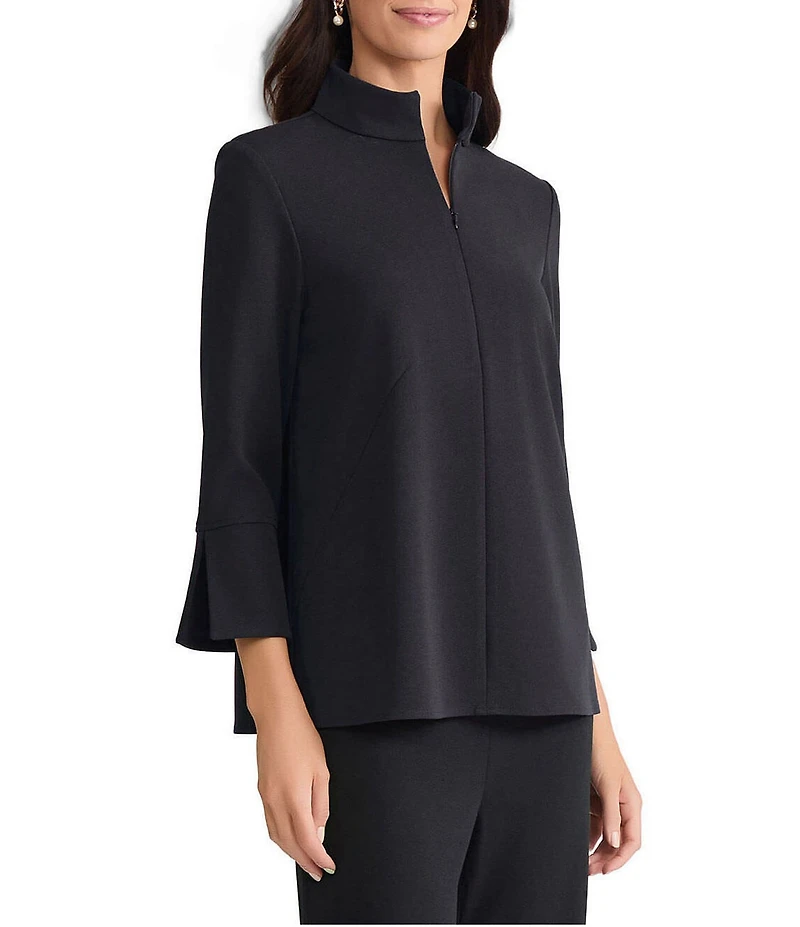 Ming Wang Stretch Deco Crepe Stand Collar Bracelet Sleeve Zip Front Blouse