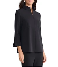 Ming Wang Stretch Deco Crepe Stand Collar Bracelet Sleeve Zip Front Blouse