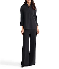 Ming Wang Stretch Deco Crepe Stand Collar Bracelet Sleeve Zip Front Blouse