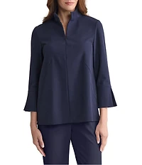 Ming Wang Stretch Deco Crepe Stand Collar Bracelet Sleeve Zip Front Blouse