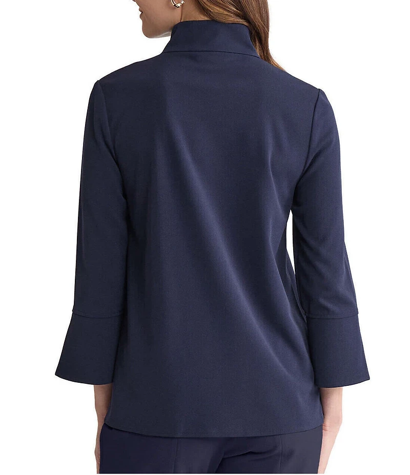 Ming Wang Stretch Deco Crepe Stand Collar Bracelet Sleeve Zip Front Blouse