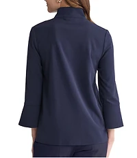 Ming Wang Stretch Deco Crepe Stand Collar Bracelet Sleeve Zip Front Blouse