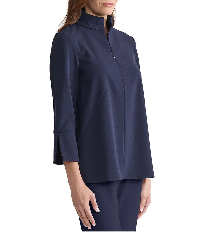 Ming Wang Stretch Deco Crepe Stand Collar Bracelet Sleeve Zip Front Blouse