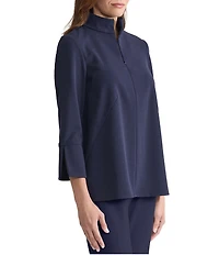 Ming Wang Stretch Deco Crepe Stand Collar Bracelet Sleeve Zip Front Blouse