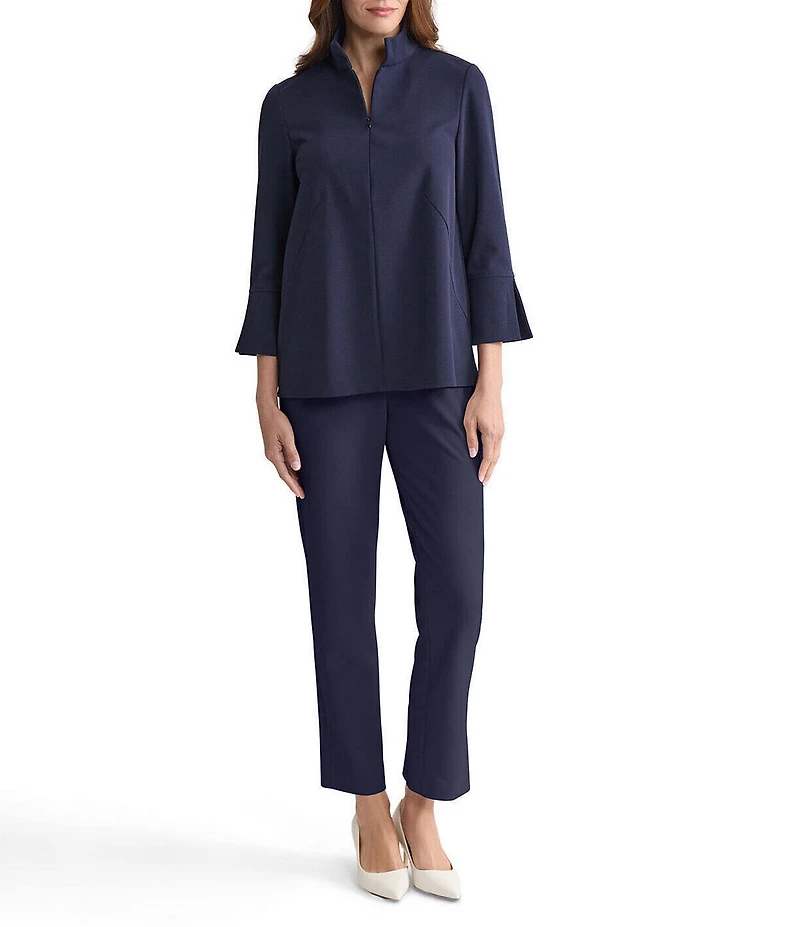 Ming Wang Stretch Deco Crepe Stand Collar Bracelet Sleeve Zip Front Blouse