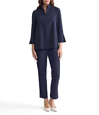 Ming Wang Stretch Deco Crepe Stand Collar Bracelet Sleeve Zip Front Blouse